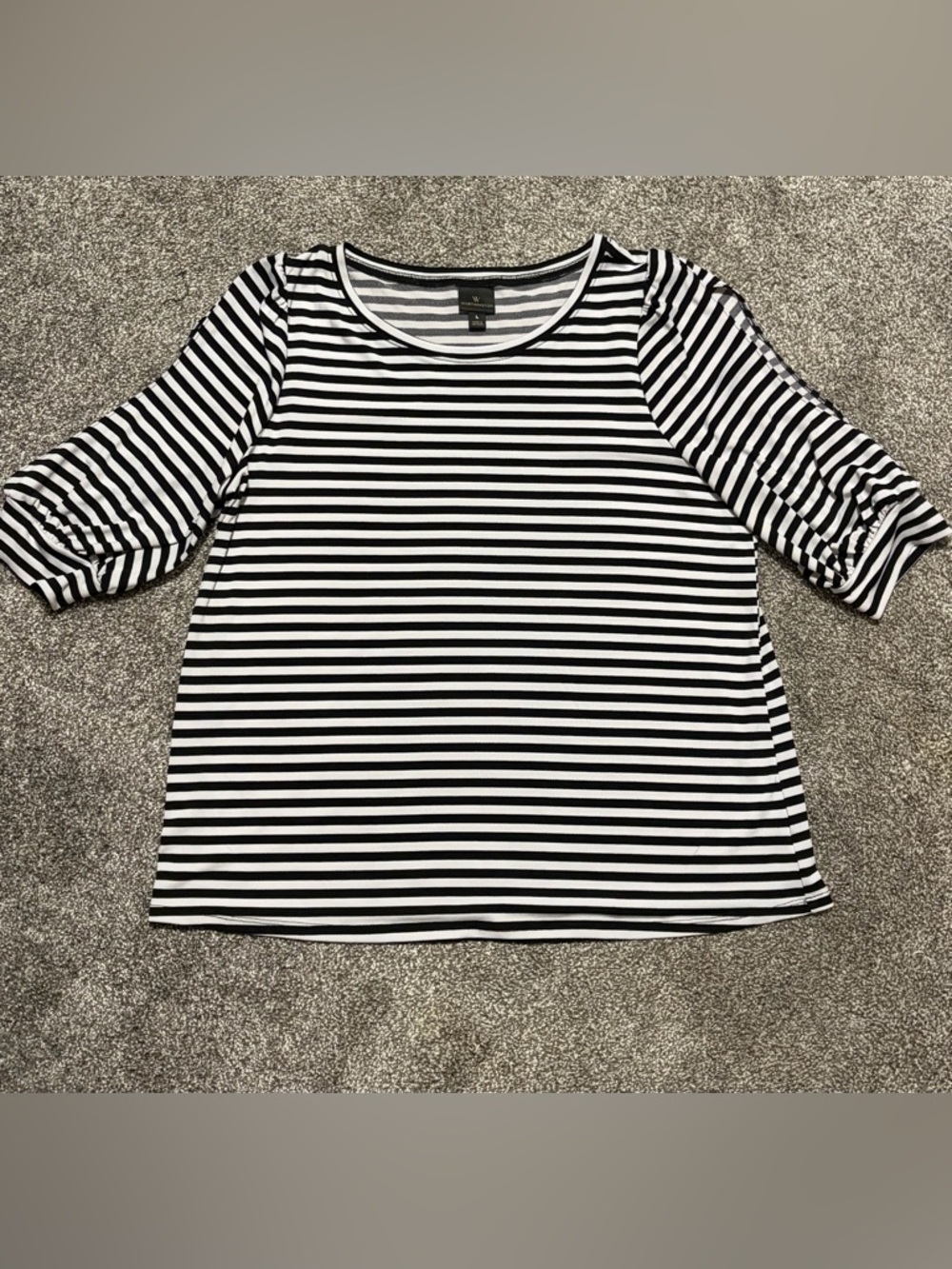 Worthington Black White Striped Cut-Out Knit Round Neck 3/4 Sleeve Blouse L